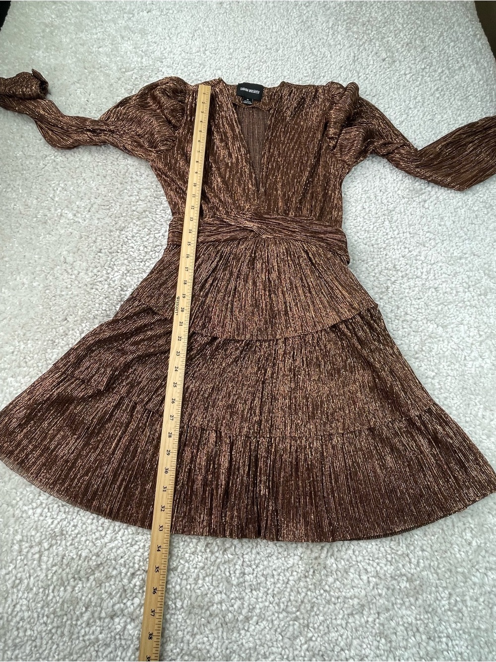 Sabina Musayev Gold Brown Metallic Bronze Dress. Tie Waist Tiered Semi Sheer Med - Picture 13 of 13